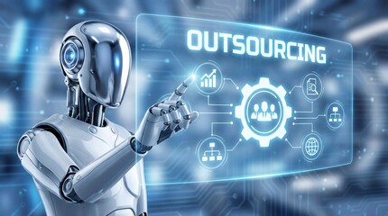A futuristic robot points to a glowing screen displaying outsourcing and busines