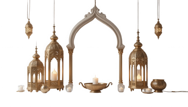 Arrangement of elaborate traditional arabic gold lanterns and illuminated candles surrounding a decorative architectural arch structure on transparent background - Powered by Adobe