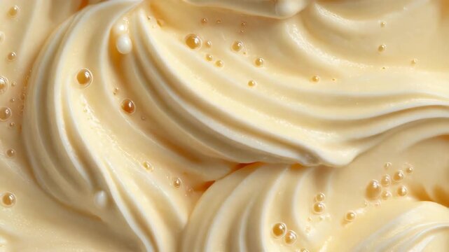 Close Up of Swirled Pale Yellow Frosting with Glossy Droplets