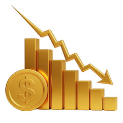 Gold coin and declining bar graph isolated on transparent background