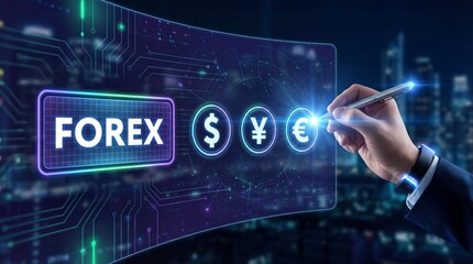 Professional hand interacts with glowing digital screen showing forex global cur