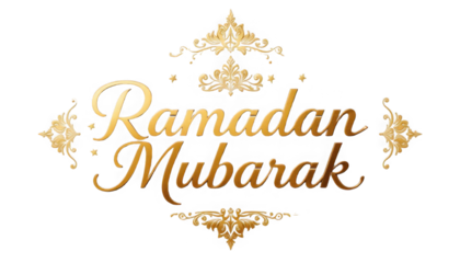 Elegant golden calligraphy text reading ramadan mubarak surrounded by ornate baroque decorative flourishes and small stars on transparent background
