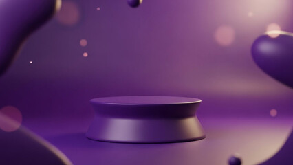 Purple 3d podium with floating spheres and bokeh lights in background