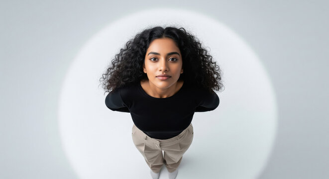 Beautiful Indian Woman with Curly Hair Looking Directly Up
