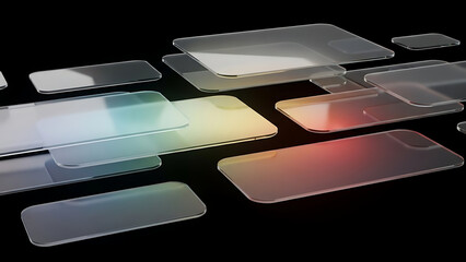 Abstract 3D floating glass plates with colorful gradient transparency and light refraction on black background