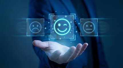 Professional hand presents glowing digital emoji icons for customer feedback cho