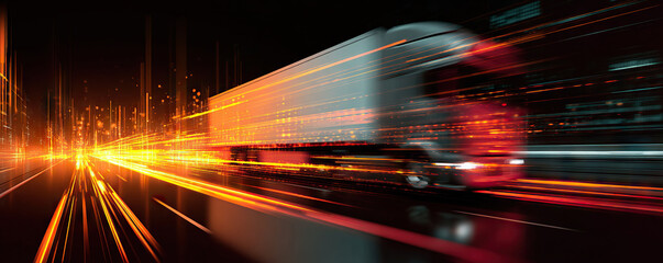 Digital transportation background with fast moving cargo truck, glowing light trails and futuristic city motion