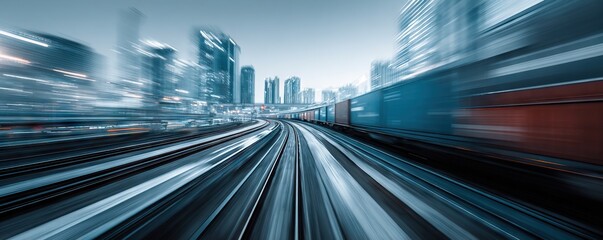 Digital transportation background with high speed freight train, urban skyline motion blur and modern logistics concept