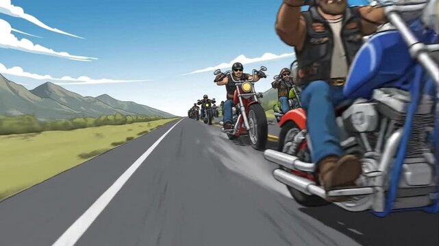 Motorcycle Gang Riding on Highway Through Mountains Cartoon Style