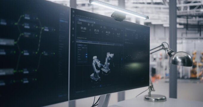 Computers on Desk Display Technical Data and Graphs With Digital Model of Robotic System. Factory Floor and Robotic Arms Visible in Background. Concept of Automation and Control System Monitoring.