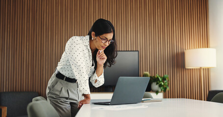 Media agency, thinking and woman in office, laptop and email for article submission. Person,...