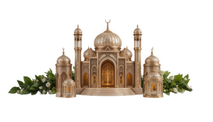 Ornate golden mosque facade structure with intricate detailing and glowing windows flanked by decorative lanterns and lush greenery on transparent background