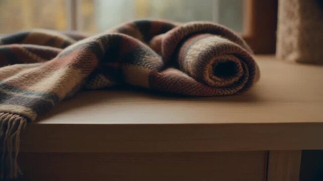 Cozy Plaid Throw Blanket With Fringes On Window Sill In Soft Lighting