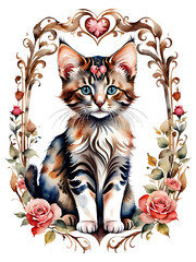 Cute watercolor tabby kitten with vintage Victorian floral frame