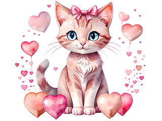 Charming watercolor kitty with bow and hearts, pink pastel Valentine's day card