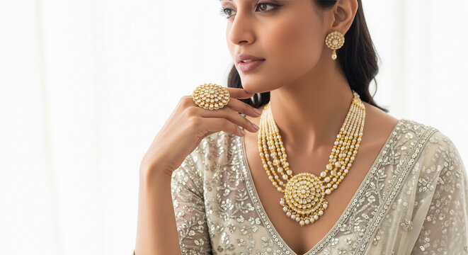 Beautiful Indian Woman Adorned with Traditional Gold, Pearl, and Kundan Jewelry