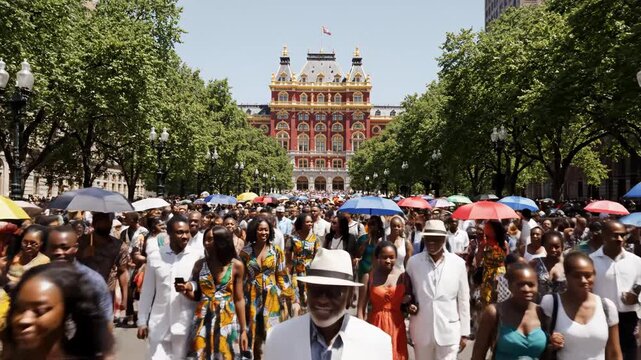 Crowd with umbrellas in front of historic building