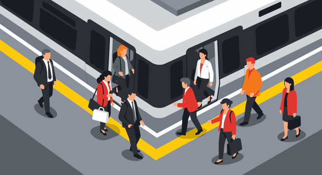 This isometric illustration vividly portrays diverse commuters navigating a busy train station platform, boarding and disembarking a modern public transport vehicle.