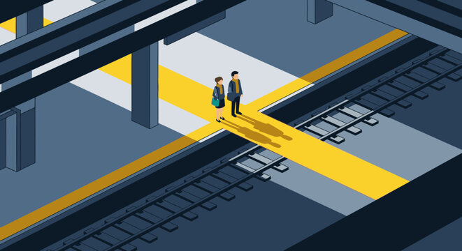 An isometric illustration depicts a man and woman standing at a bright yellow intersection within a dark, stylized subway station, symbolizing a pivotal decision or shared journey.