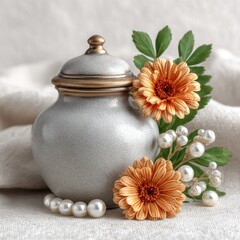 Elegant Grey and Gold Urn with Orange Flowers and Pearls
