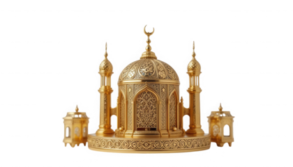 Ornate golden incense burner resembling a miniature mosque structure with detailed arabesque carvings and crescent moon finial on transparent background