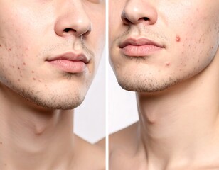 Obraz premium Split-screen showing two views of a man's face and neck, one with blemishes, the other improved