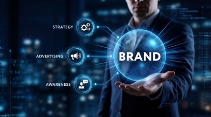 A professional man presents a glowing digital globe displaying brand strategy ad