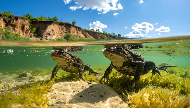 Split-level view of two amphibians beneath a water surface, with green vegetation and a bluff in the backdrop