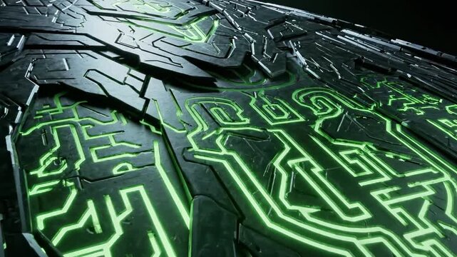 A close-up view of a dark surface illuminated by glowing green circuit-like patterns that resemble electronic pathways or a futuristic design