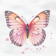 Vibrant watercolor butterfly illustration with delicate pink and orange wings, featuring intricate patterns and artistic paint splatters
