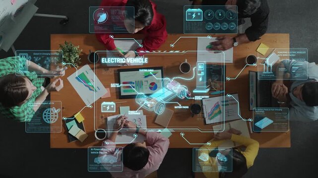 A modern office scene showcasing a team collaborating on electric vehicle concepts while utilizing virtual projections, highlighting innovation and teamwork. Raster