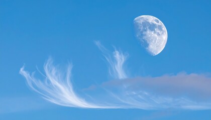 Half-lit celestial body in a vast, cerulean expanse with feather-like formation