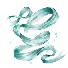 Beautifully painted watercolor ribbon illustration featuring serene aqua and light teal tones, flowing gracefully with artistic splatters, offering a delicate and creative design element