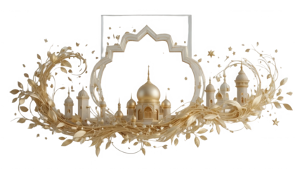 Ornate golden 3d rendered arabesque architectural border framing a majestic mosque dome structure with flowing natural elements on transparent background