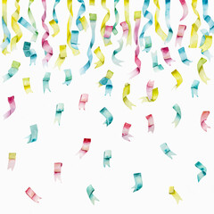 Festive and colorful watercolor confetti streamers falling gracefully against a clean white background, creating a joyful and celebratory atmosphere