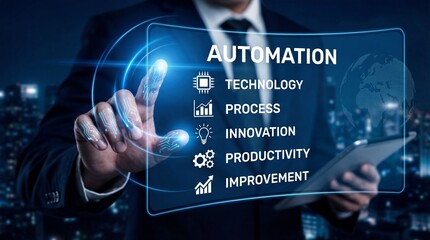 Businessman touching an interactive digital screen displaying automation concept