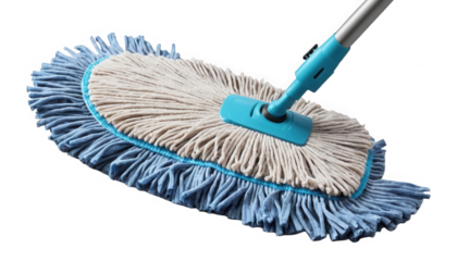 Close up of a dual-toned cotton string mop head attached to a bright turquoise plastic handle component on transparent background