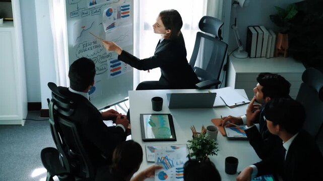 Top view of smart manager project pointing at whiteboard with mind map and financial graph and explain marketing idea while diverse investors listening and analyze stock investment chart. Directorate.