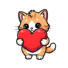 Obraz premium Cute Orange Cartoon Cat Holding Red Heart Illustration