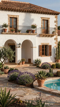 A beautiful Mediterranean villa features classic white stucco walls, elegant arched entryways, and lush terracotta potted plants for a luxurious vacation vibe.