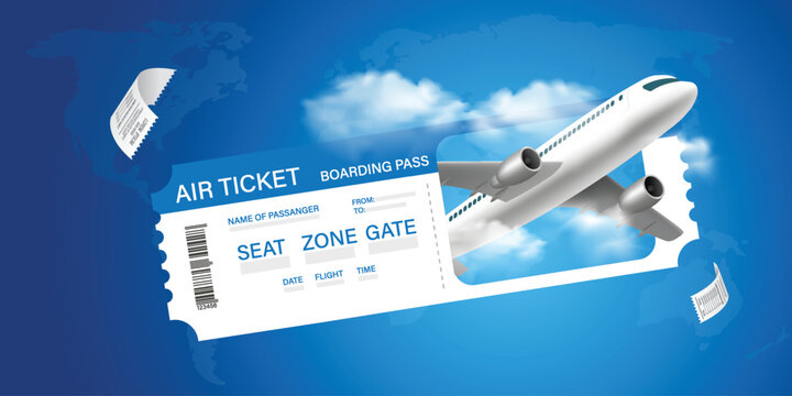 Airplane is taking off from passport with location pin. Luggage blue, air ticket and cloud float away. For media tourism advertising banner design. Holiday travel and Transport concept. 3D Vector.