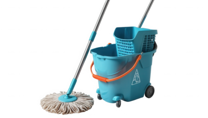 Professional quality turquoise mop with integrated wringer and rolling bucket set for efficient heavy duty floor cleaning on transparent background