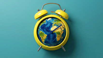 Global Deadline: A Surreal Yellow Alarm Clock Featuring a Textured Earth Map Face on a Teal Background