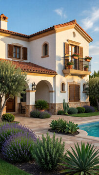 Stunning Mediterranean luxury villa featuring white stucco walls, terracotta tile roofing, elegant arches, and a lush garden with lavender and olive trees for decor.