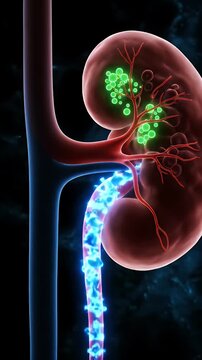 3D Rendered Kidney Stones in Human Anatomy with Red Veins and Blue Artery on Dark Background for Medical Visualization