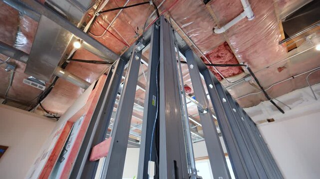  POV of Low-angle view of an unfinished interior ceiling with exposed HVAC ducts, insulation, and metal wall framing. mechanical system installation during construction.