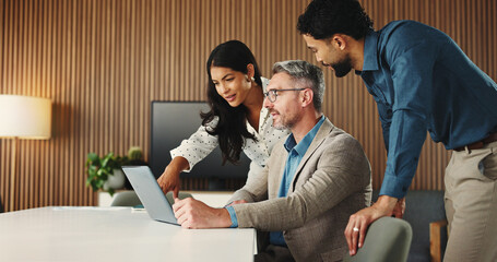 Laptop, meeting and manager with business people in office for finance report with budget plan....