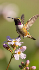 Obraz premium A vibrant male Calliope hummingbird with a unique magenta throat gorget perches delicately on a cluster of white jasmine flowers against a soft bokeh background.
