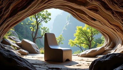 Serene Cave Scene with Minimalist Stone Chair and Gentle Light