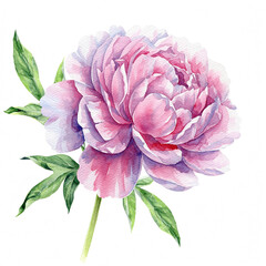 Exquisite pink watercolor peony blossom with lush green leaves, delicately hand-painted to capture the vibrant beauty and serene charm of spring botanical artistry
